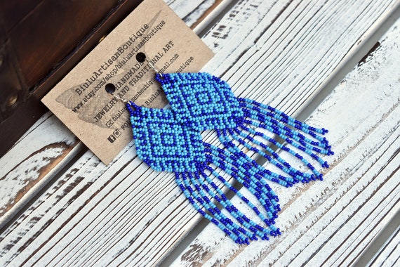 Blue Boho Earrings, Native American Beaded Earrings, Indigenous Made, Chandelier Earrings, Blue Statement, Seed Bead, Handmade Earrings