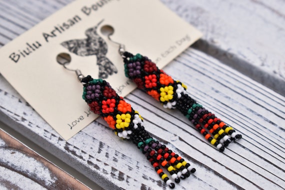2" Native Beaded Earrings, Short Beaded Tube Earrings, Boho, Seed Bead Lantern Earrings, Tribal Fashion, Handmade | Biulu Artisan Boutique