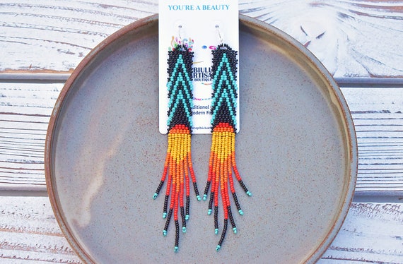 Long Boho Tribal Earrings, Native American Beaded Earrings, Chandelier Earrings, Shoulder Dusters, Beaded Boho Earrings, Colorful, Statement