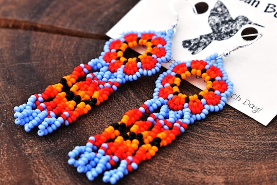 Violet and Orange Huichol Flower Earrings, Native American Beaded Earrings, Seed Bead Earrings, Huichol Beadwork, Native American Beadwork