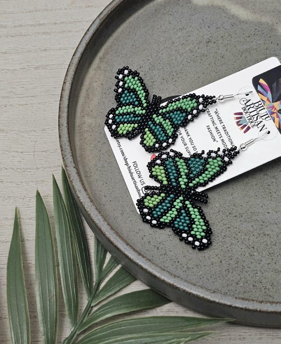 Boho Butterfly Earrings, Green butterfly, Insect Earrings, Native American Beaded Earrings, Beaded Earrings, Seed Bead Earrings, Handmade