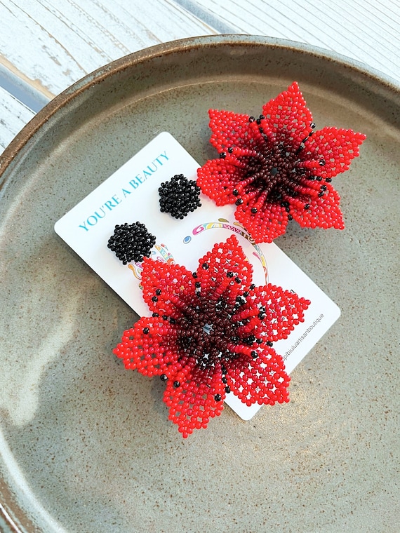 Red Flower Earrings, Indigenous Made Jewelry, Flower Boho Earrings, Native American Beaded Earrings, Handmade Boho Jewelry, Post Backs