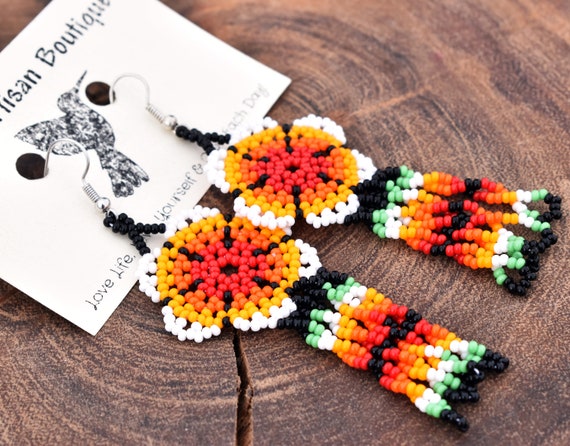 Dainty Huichol Flower Earrings, Native American Beaded Earrings, Orange White, Beaded Boho Earrings, Handmade | Biulu Artisan Boutique