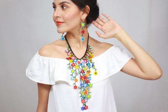 Flowering Vine Necklace, Boho Beaded Necklace, Boho Earrings, Modern Beaded Jewelry, Beaded Earrings, Indigenous Made, Handmade