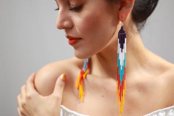 Long Colorful Chandelier Earrings, Beaded Boho Earrings, Native Shoulder Duster Earrings, Indigenous Made Earrings, Handmade Earrings