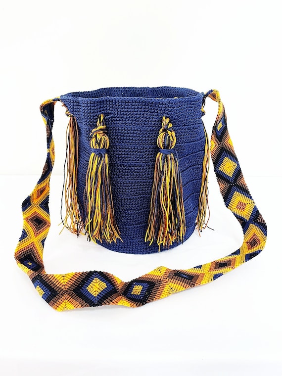 Boho Tassel Bag, Boho Shoulder Bag, Hobo Bag, With Fringe, Blue, Indigenous Made, Handmade Weaved Bag | Biulu Artisan Boutique