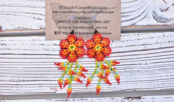 Flowering Vine Beaded Earrings, Modern, Native American Beaded Earrings, Red Flower, Boho, Jewelry, Seed Bead Earrings, Huichol, Handmade