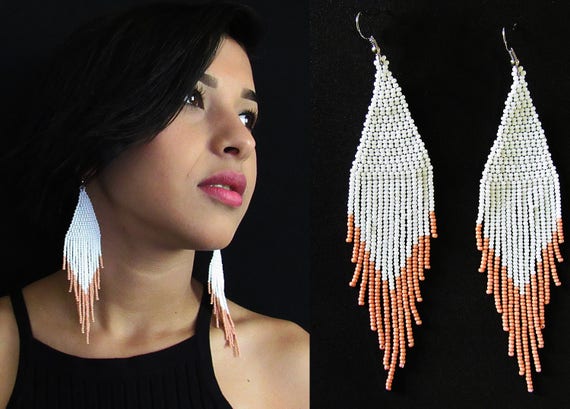 Beaded Boho Earrings, Tribal High Fashion Earrings, Native American Style Beaded Earrings, Pink White Earrings, Authentic Huichol Beadwork