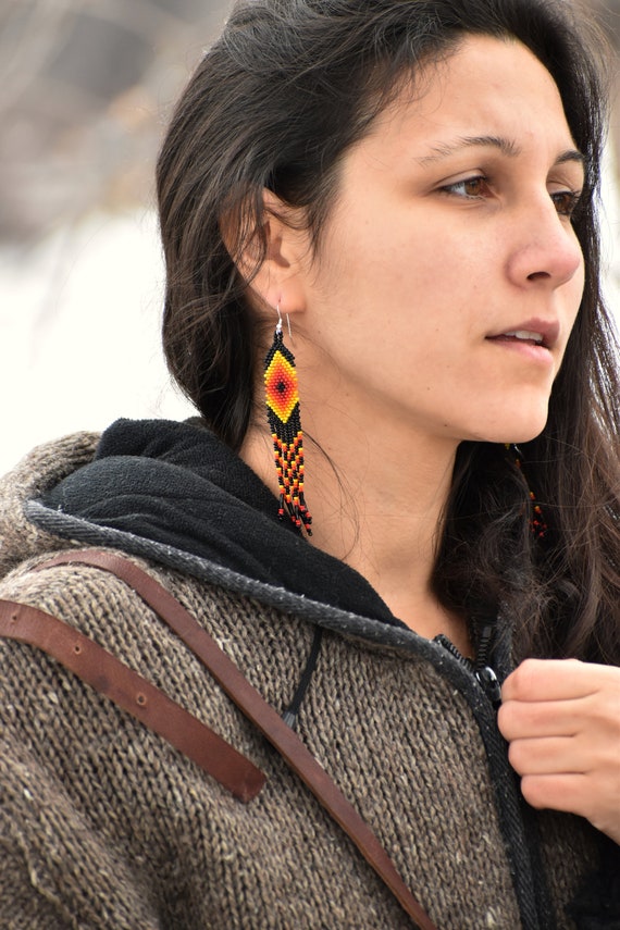Black Fire Brick Stitch Earrings, Small Dangle Earrings, Native American Beaded Earrings, Huichol Earrings with Ojo de Dios, Beadwork