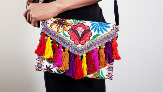 Gypsy Boho Bag, Flower Crossbody Purse, Embroidered Hippie Bag, Unique Gift, Small Fancy Purse w/ Tassels | Biulu Artisan Boutique