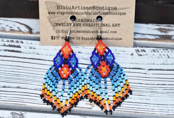 Geometric Earrings, Native American Beaded Earrings, Indigenous Made, Boho Earrings, Blue, Colorful, Lightweight Earrings, Etsy Earrings