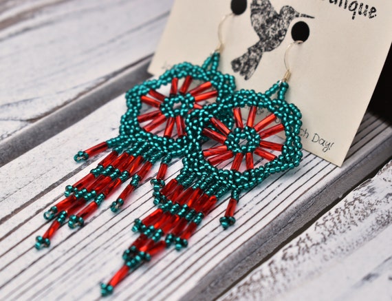 Dream Catcher Earrings, Native American Beaded Earrings, Sparkling Aquamarine & Red, Boho Earrings, Gift for Her | Biulu Artisan Boutique