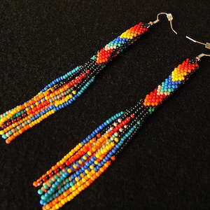 Native Style Beaded Earrings, Long Beaded Tube Earrings, Boho, Seed Bead, Tribal Fashion, Huichol, Handmade | Biulu Artisan Boutique image 2