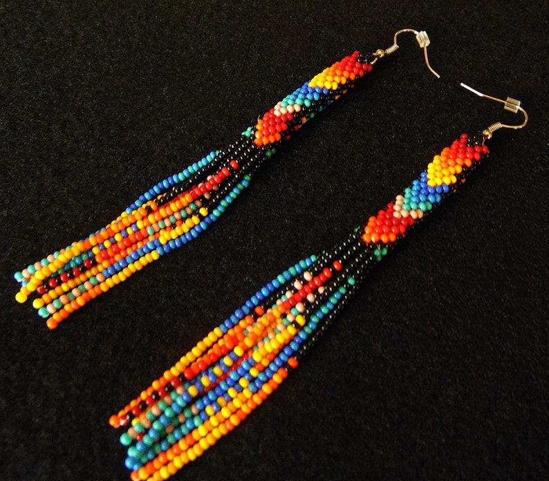 Native Style Beaded Earrings, Long Beaded Tube Earrings, Boho, Seed Bead, Tribal Fashion, Huichol, Handmade | Biulu Artisan Boutique image 2