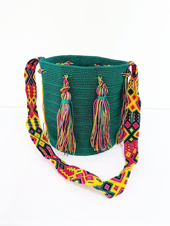 Boho Tassel Bag, Boho Shoulder Bag, Hobo Bag, With Fringe, Green, Indigenous Made, Handmade Weaved Bag | Biulu Artisan Boutique