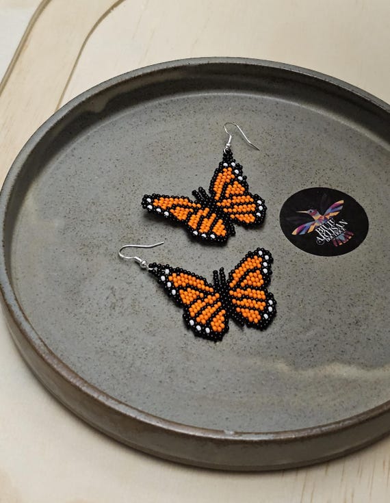 Boho Butterfly Earrings, Orange butterfly, Indigenous Made, Native American Beaded Earrings, Beaded Earrings, Seed Bead Earrings, Handmade
