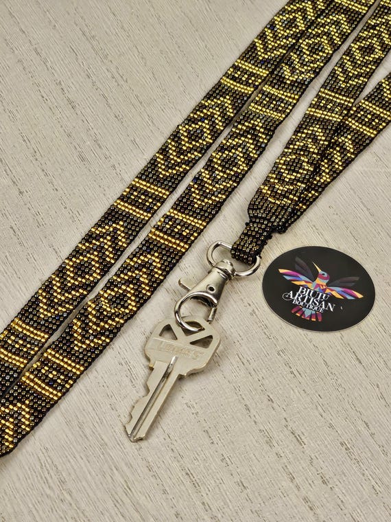 Elegant Beaded Lanyard, ID Tag Lanyard, Native American Made Lanyard, Boho Lanyard, Hand Loomed, Indigenous Made, Long Keychain, Huichol Art