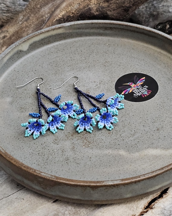 Huichol Little Flower Earrings, Blue Florette Earrings, Huichol Jewelry, Dainty Flower Earrings, Florette Huichol Earrings, Authentic