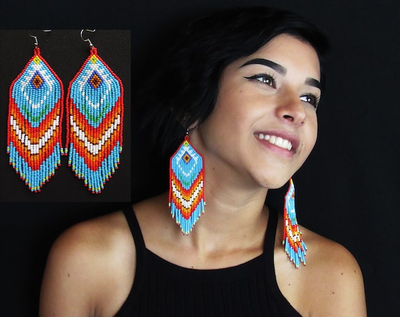 Native American Boho Style Earrings, Mexican Native American Earrings, Blue and Orange Boho Earrings, Native Beaded Earrings, Authentic