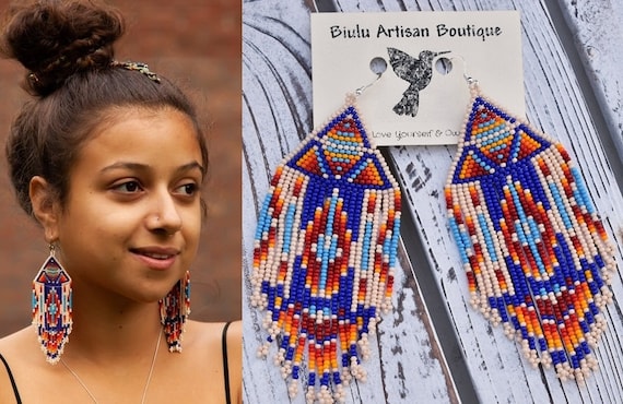 Exotic Tribal Earrings, Tribal Statement Earrings, Native American Beaded Earrings, Aztec Geometric Earrings, Tribal Dangle Earrings