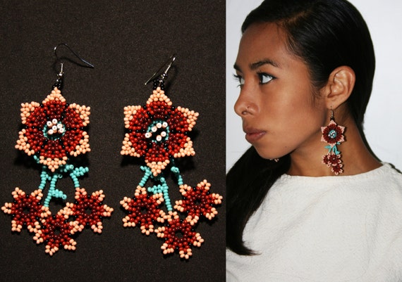 Soft Pink and Brown Florette Earrings, Huichol Earrings, Native Beaded Earrings, Southwestern Florette Earrings, Traditional Beadwork