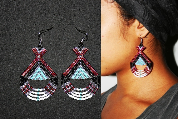 Native American Beaded Earrings, Aztec Earrings, Maya Earrings, Inca Earrings, Beaded Tribal Earrings, Huichol Earrings, Tribal High Fashion