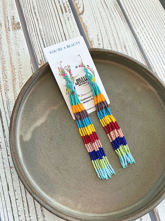 Long Beaded Tube Earrings, Native Style Beaded Earrings, Boho, Seed Bead, Tribal Fashion, Huichol, Handmade | Biulu Artisan Boutique