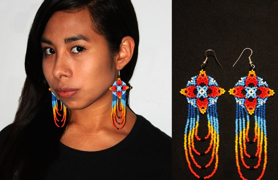 Colorful Huichol Native American Earrings, Native Dangle Earrings, Ojo de Dios Earrings, Beaded Cross Earrings, Native Beaded Earrings