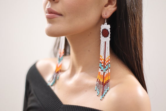 Long Boho Earrings, Indigenous Made Earrings, Boho Beaded Earrings, Native American Beaded Earrings, Shoulder Duster Earrings, Handmade