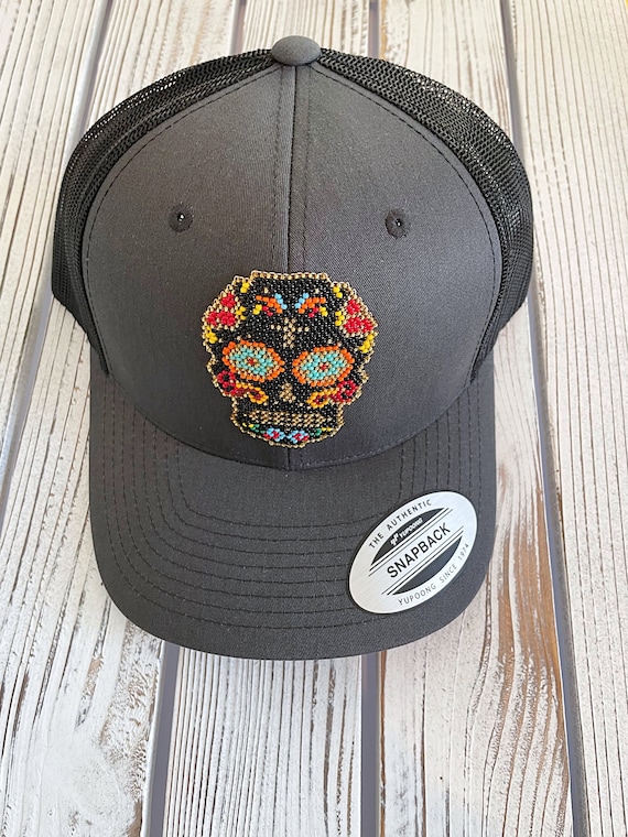 Sugar Skull Baseball Cap, Charcoal Black, Unisex Baseball Hat, Mexican Beadwork, Catrina, Indigenous Beadwork, Biulu Artisan Boutique