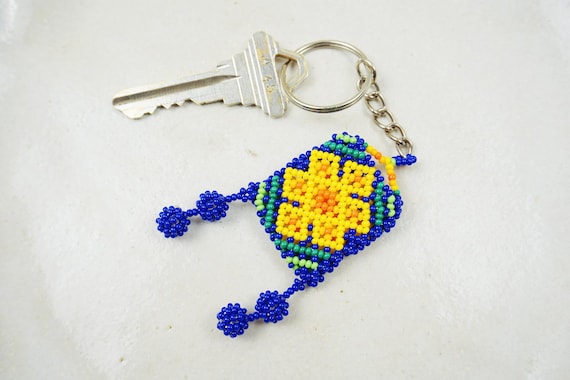 Beaded Keychain, Huichol Keychain, Native American Beadwork, Indigenous Made, Handmade Keychain, Huichol Bag Keychain, Small Gift