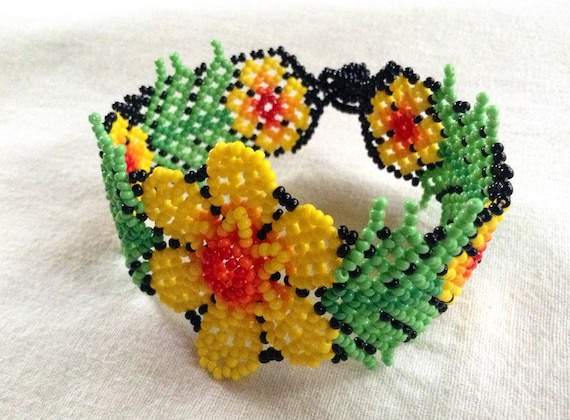 Bright Yellow Huichol Bracelet, Beaded Bracelet, Flower Pattern Bracelet, Peyote Flowers, Cuff Bracelet, Native American Jewelry, Mexican