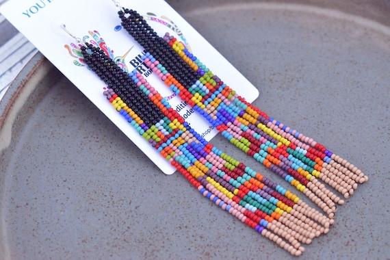 Modern Beaded Earrings, Boho Earrings, Native American Style Earrings, Long, Abstract, Colorful, Unique Earrings | Biulu Artisan Boutique