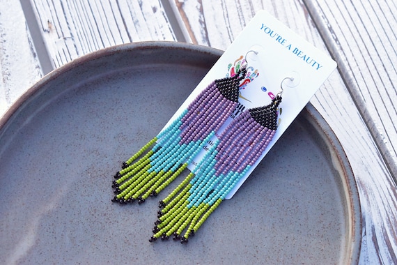 Contemporary Native American Beaded Earrings, Boho Earrings, Beaded Dangle Earrings, Boho Chic, Indigenous Made Earrings, Handmade, Biulu