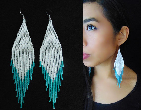 Beaded Boho Earrings, Native American Style Beaded Earrings, Tribal High Fashion Earrings, Turquoise White Earrings, Huichol Beadwork