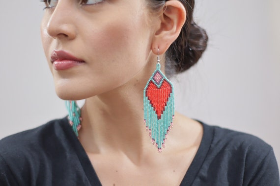 Boho Heart Earrings, Native American Beaded Earrings, Beaded Boho Earrings, Turquoise, Red Heart Earrings, Boho Chic, Statement Earrings