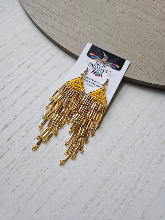 Gold and Yellow Chic Earrings, Native American Beaded Earrings, Gold Yellow Boho Earrings, Handmade Beaded Earrings, Real Huichol Beading