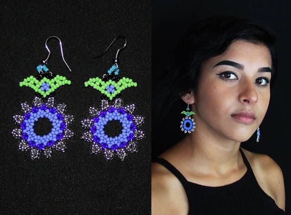 Huichol Earrings, Beaded Earrings, Native American Earrings, Flower Earrings, Seed Bead Earrings, Mexican Earrings, Huichol Jewelry Beadwork