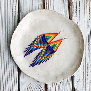 May include: A pair of rainbow-colored beaded earrings with a fringe design. The earrings are on a white plate.