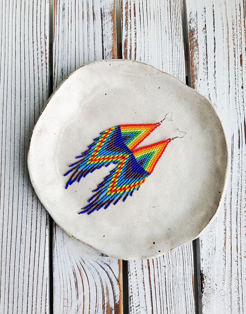 May include: A pair of rainbow-colored beaded earrings with a fringe design. The earrings are on a white plate.