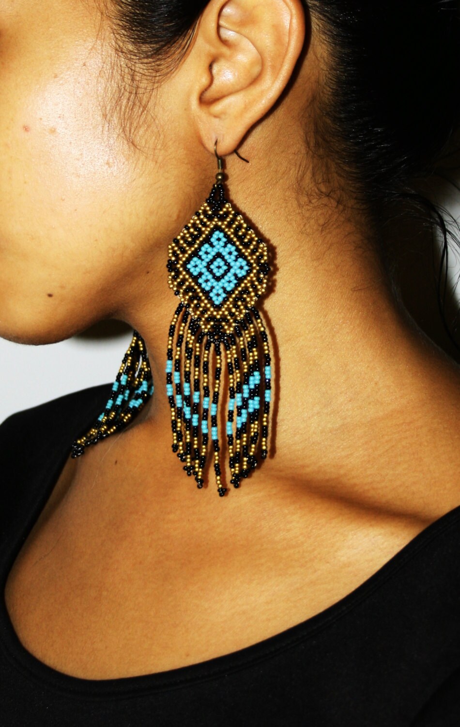 Gold Turquoise Aztec Earrings, Aztec Jewelry, Traditional Beadwork