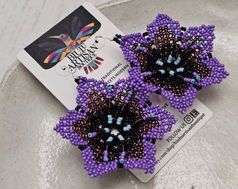 Purple Flower Earrings, Indigenous Made Jewelry, Flower Boho Earrings, Native American Beaded Earrings, Handmade Boho Jewelry, Big Flower