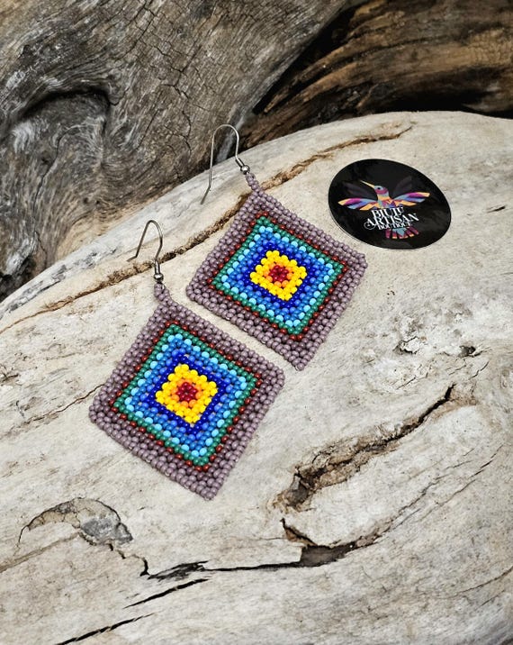 Beaded Boho Earrings, Indigenous Made Beaded Jewelry, Rustic , Statement Earrings, Boho Beaded Earrings, Huichol Earrings, Handmade Beadwork