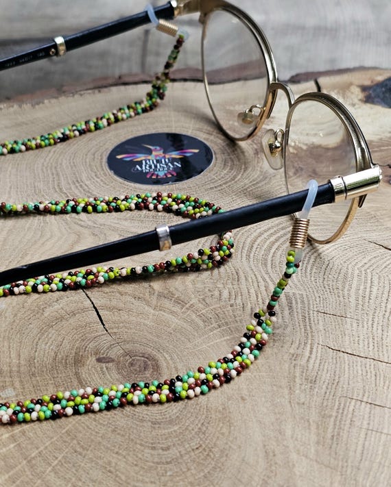 Hand-Stitched Huichol Beaded Sunglasses Lanyard, Camo Lanyard , 26" Long