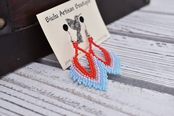 Beaded Feather Earrings, Arracadas Earrings, Native American Beaded Earrings, Dainty Boho Earrings, Handmade | Biulu Artisan Boutique