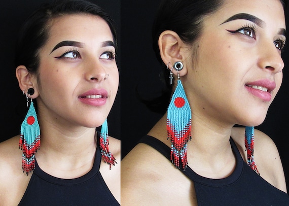 Turquoise Boho Beaded Earrings, Hipster Chic Beaded Earrings, Tribal High Fashion Earrings, Native American Style Beaded Earrings