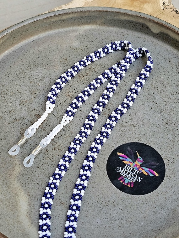 Beaded Glasses Lanyard, Navy Blue and White, Huichol, Native American Beadwork - Eyeglass chain - Glasses Accessories