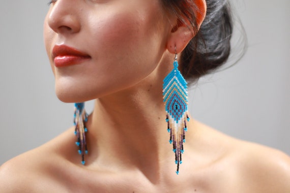 Boho Feather Style Earrings, Native American Beaded Earrings, Blue, Boho Chic, Tribal Jewelry, Huichol, Seed Bead | Biulu Artisan Boutique