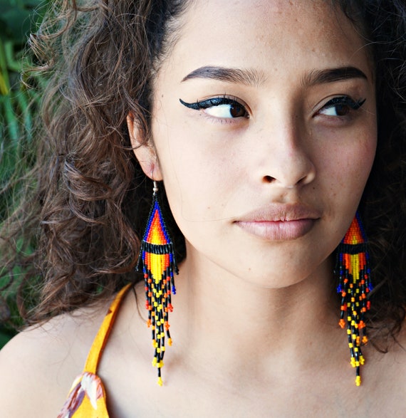 Native American Seed Bead Earrings, Native Beaded Earrings, Huichol Earrings, Native American Beadwork, Beaded Chandelier Earrings, Bright