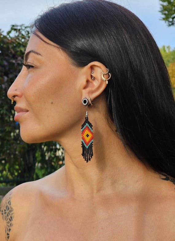 Handmade Boho Earrings, Native American Beaded Earrings , Black Beaded Boho Earrings, Indigenous Made, Short Skinny Earrings, Eye of God